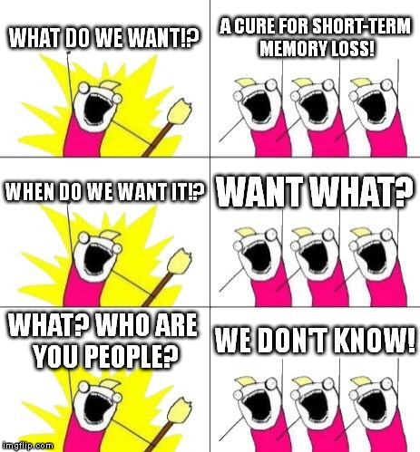 What Do We Want 3 | WHAT DO WE WANT!? A CURE FOR SHORT-TERM MEMORY LOSS! WHEN DO WE WANT IT!? WANT WHAT? WHAT? WHO ARE YOU PEOPLE? WE DON'T KNOW! | image tagged in memes,what do we want 3 | made w/ Imgflip meme maker