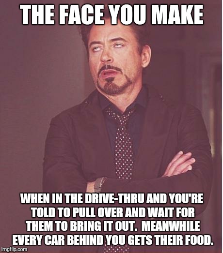 All i orderd was a hamburger and fries | THE FACE YOU MAKE; WHEN IN THE DRIVE-THRU AND YOU'RE TOLD TO PULL OVER AND WAIT FOR THEM TO BRING IT OUT.  MEANWHILE EVERY CAR BEHIND YOU GETS THEIR FOOD. | image tagged in memes,face you make robert downey jr | made w/ Imgflip meme maker