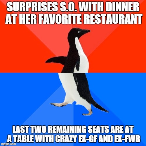 Socially Awesome Awkward Penguin | SURPRISES S.O. WITH DINNER AT HER FAVORITE RESTAURANT; LAST TWO REMAINING SEATS ARE AT A TABLE WITH CRAZY EX-GF AND EX-FWB | image tagged in memes,socially awesome awkward penguin,AdviceAnimals | made w/ Imgflip meme maker