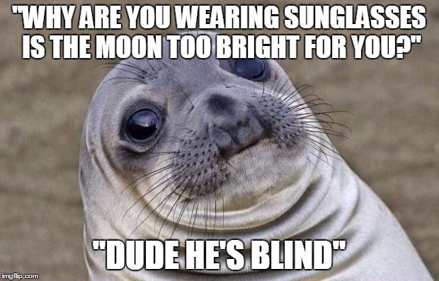 Awkward Moment Sealion | "WHY ARE YOU WEARING SUNGLASSES IS THE MOON TOO BRIGHT FOR YOU?"; "DUDE HE'S BLIND" | image tagged in memes,awkward moment sealion,AdviceAnimals | made w/ Imgflip meme maker