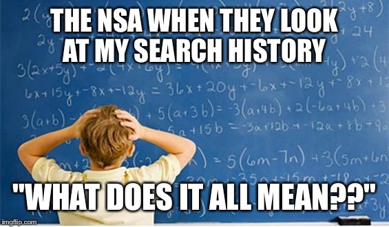 THE NSA WHEN THEY LOOK AT MY SEARCH HISTORY "WHAT DOES IT ALL MEAN??" | made w/ Imgflip meme maker