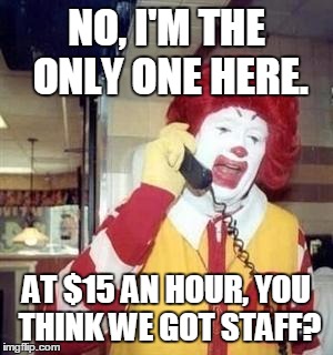 Ronald McDonald Temp | NO, I'M THE ONLY ONE HERE. AT $15 AN HOUR, YOU THINK WE GOT STAFF? | image tagged in ronald mcdonald temp | made w/ Imgflip meme maker
