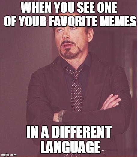 Face You Make Robert Downey Jr | WHEN YOU SEE ONE OF YOUR FAVORITE MEMES; IN A DIFFERENT LANGUAGE | image tagged in memes,face you make robert downey jr | made w/ Imgflip meme maker