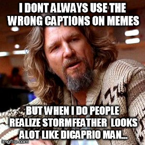 Confused Lebowski | I DONT ALWAYS USE THE WRONG CAPTIONS ON MEMES; BUT WHEN I DO PEOPLE REALIZE STORMFEATHER  LOOKS ALOT LIKE DICAPRIO MAN... | image tagged in memes,confused lebowski | made w/ Imgflip meme maker
