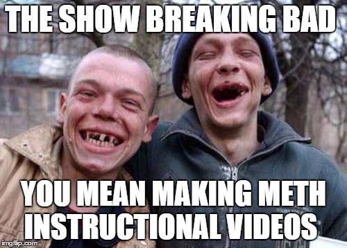 Ugly Twins Meme | THE SHOW BREAKING BAD; YOU MEAN MAKING METH INSTRUCTIONAL VIDEOS | image tagged in memes,ugly twins | made w/ Imgflip meme maker