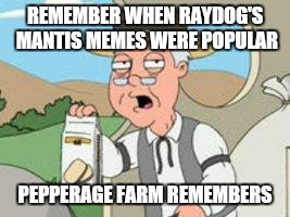 Pepperage farms remembers | REMEMBER WHEN RAYDOG'S MANTIS MEMES WERE POPULAR; PEPPERAGE FARM REMEMBERS | image tagged in pepperage farms remembers,raydog,praying mantis | made w/ Imgflip meme maker