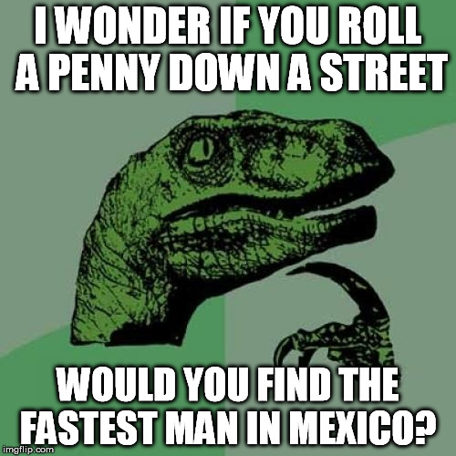 Philosoraptor Meme | I WONDER IF YOU ROLL A PENNY DOWN A STREET; WOULD YOU FIND THE FASTEST MAN IN MEXICO? | image tagged in memes,philosoraptor | made w/ Imgflip meme maker
