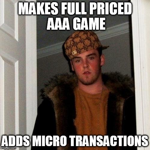 Scumbag Steve Meme | MAKES FULL PRICED AAA GAME; ADDS MICRO TRANSACTIONS | image tagged in memes,scumbag steve | made w/ Imgflip meme maker