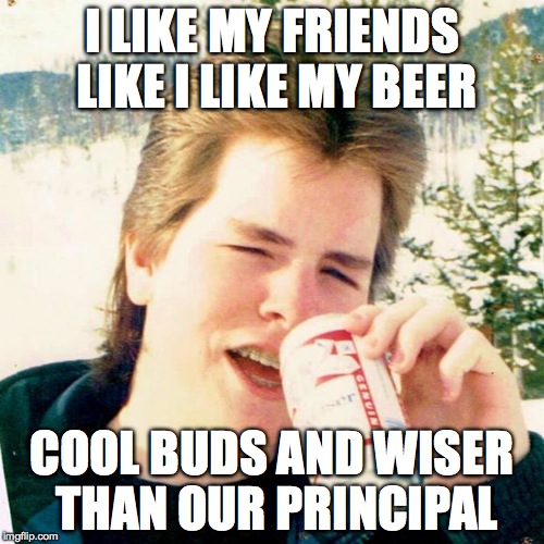 Eighties Teen | I LIKE MY FRIENDS LIKE I LIKE MY BEER; COOL BUDS AND WISER THAN OUR PRINCIPAL | image tagged in memes,eighties teen | made w/ Imgflip meme maker