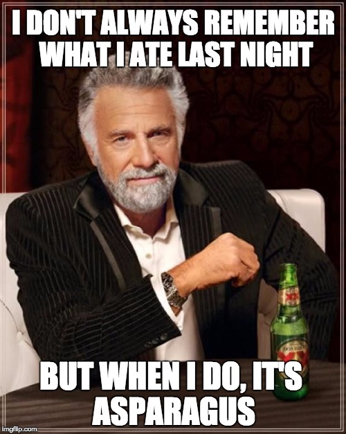 The Most Interesting Smell In The World | I DON'T ALWAYS REMEMBER WHAT I ATE LAST NIGHT; BUT WHEN I DO,
IT'S ASPARAGUS | image tagged in memes,the most interesting man in the world | made w/ Imgflip meme maker