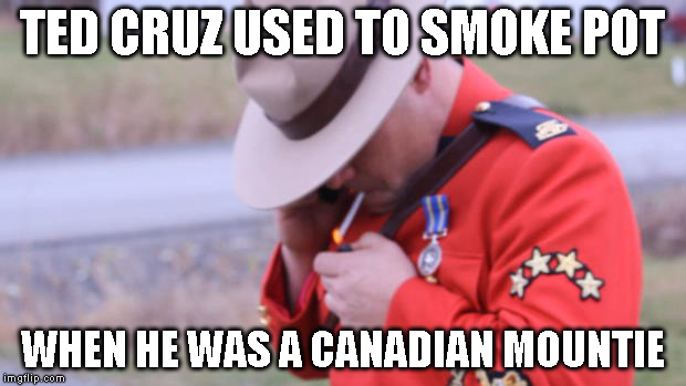 TED CRUZ USED TO SMOKE POT; WHEN HE WAS A CANADIAN MOUNTIE | image tagged in pot mountie | made w/ Imgflip meme maker
