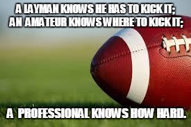 football field | A LAYMAN KNOWS HE HAS TO KICK IT; AN  AMATEUR KNOWS WHERE TO KICK IT;; A  PROFESSIONAL KNOWS HOW HARD. | image tagged in football field | made w/ Imgflip meme maker
