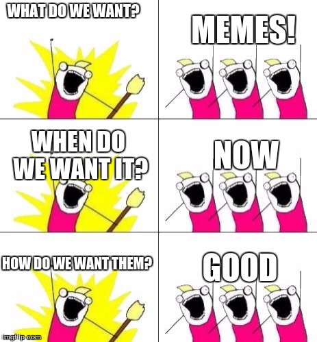 What do we want? |  MEMES! WHAT DO WE WANT? WHEN DO WE WANT IT? NOW; HOW DO WE WANT THEM? GOOD | image tagged in what do we want | made w/ Imgflip meme maker