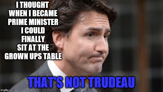 not trudeau (true though) | I THOUGHT WHEN I BECAME PRIME MINISTER I COULD FINALLY SIT AT THE GROWN UPS TABLE; THAT'S NOT TRUDEAU | image tagged in justin trudeau | made w/ Imgflip meme maker