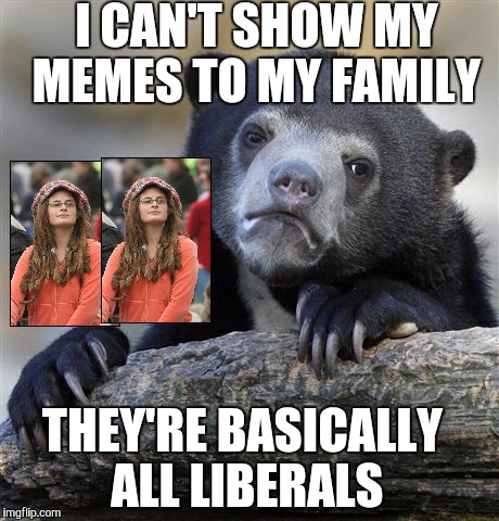 Liberal family. | I CAN'T SHOW MY MEMES TO MY FAMILY; THEY'RE BASICALLY ALL LIBERALS | image tagged in memes,confession bear | made w/ Imgflip meme maker