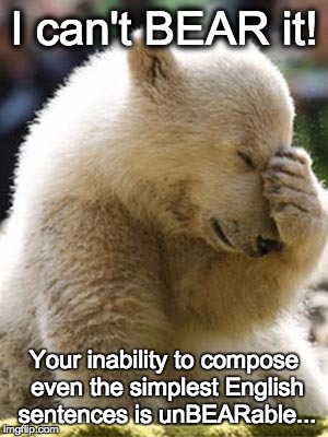 Facepalm Bear | I can't BEAR it! Your inability to compose even the simplest English sentences is unBEARable... | image tagged in memes,facepalm bear | made w/ Imgflip meme maker