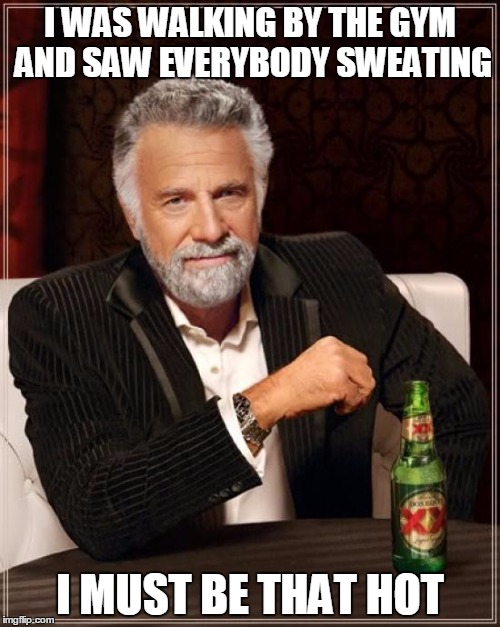 The Most Interesting Man In The World Meme | I WAS WALKING BY THE GYM AND SAW EVERYBODY SWEATING; I MUST BE THAT HOT | image tagged in memes,the most interesting man in the world | made w/ Imgflip meme maker