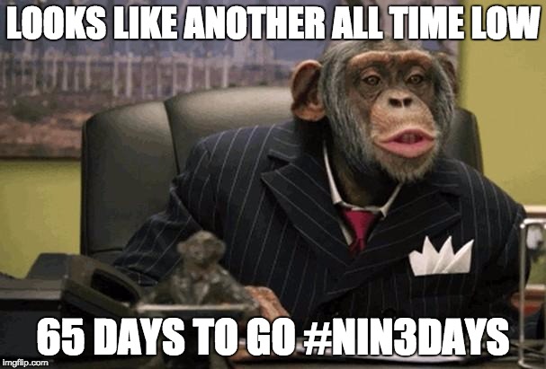Business Chimp | LOOKS LIKE ANOTHER ALL TIME LOW; 65 DAYS TO GO #NIN3DAYS | image tagged in business chimp | made w/ Imgflip meme maker