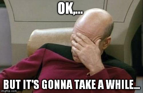 Captain Picard Facepalm Meme | OK,... BUT IT'S GONNA TAKE A WHILE... | image tagged in memes,captain picard facepalm | made w/ Imgflip meme maker