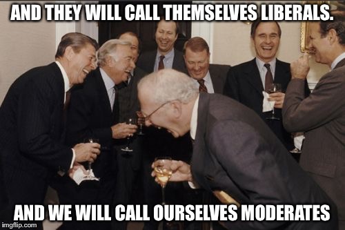 Laughing Men In Suits | AND THEY WILL CALL THEMSELVES LIBERALS. AND WE WILL CALL OURSELVES MODERATES | image tagged in memes,laughing men in suits | made w/ Imgflip meme maker