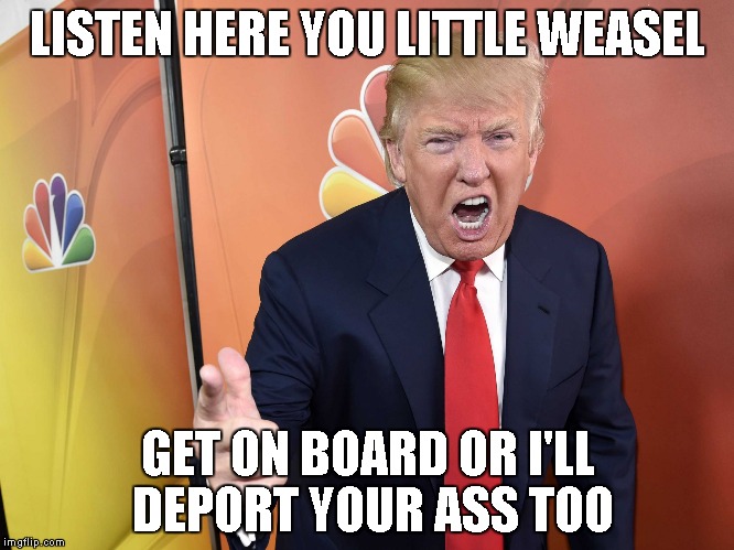 LISTEN HERE YOU LITTLE WEASEL GET ON BOARD OR I'LL DEPORT YOUR ASS TOO | made w/ Imgflip meme maker