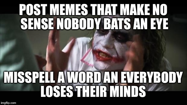 And everybody loses their minds Meme | POST MEMES THAT MAKE NO SENSE NOBODY BATS AN EYE; MISSPELL A WORD AN EVERYBODY LOSES THEIR MINDS | image tagged in memes,and everybody loses their minds | made w/ Imgflip meme maker