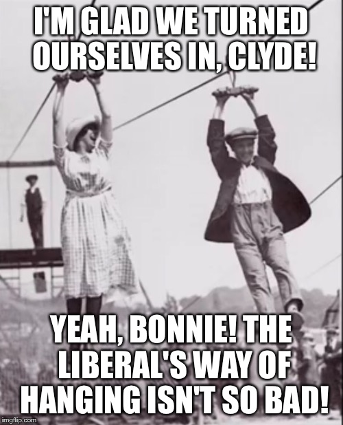 Zip line couple  | I'M GLAD WE TURNED OURSELVES IN, CLYDE! YEAH, BONNIE! THE LIBERAL'S WAY OF HANGING ISN'T SO BAD! | image tagged in zip line couple | made w/ Imgflip meme maker