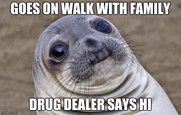 Awkward Moment Sealion | GOES ON WALK WITH FAMILY; DRUG DEALER SAYS HI | image tagged in memes,awkward moment sealion | made w/ Imgflip meme maker