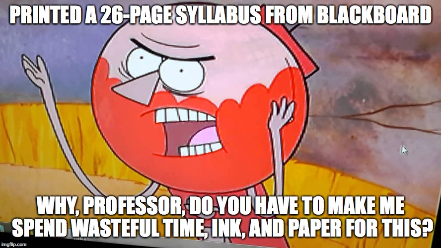 26-Page Syllabus | PRINTED A 26-PAGE SYLLABUS FROM BLACKBOARD; WHY, PROFESSOR, DO YOU HAVE TO MAKE ME SPEND WASTEFUL TIME, INK, AND PAPER FOR THIS? | image tagged in memes | made w/ Imgflip meme maker