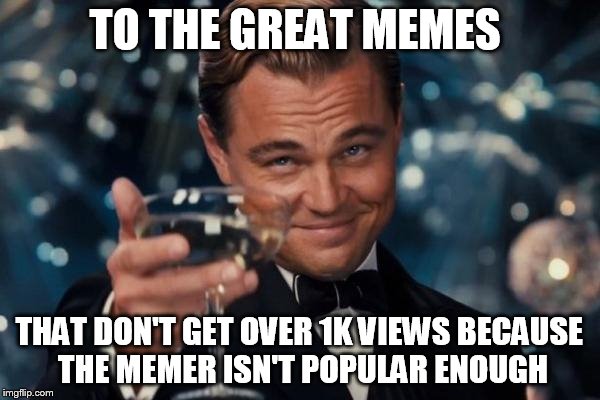 Leonardo Dicaprio Cheers Meme | TO THE GREAT MEMES THAT DON'T GET OVER 1K VIEWS BECAUSE THE MEMER ISN'T POPULAR ENOUGH | image tagged in memes,leonardo dicaprio cheers | made w/ Imgflip meme maker