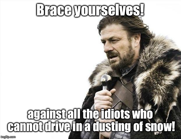 Idiot alert! | Brace yourselves! against all the idiots who cannot drive in a dusting of snow! | image tagged in memes,brace yourselves x is coming | made w/ Imgflip meme maker
