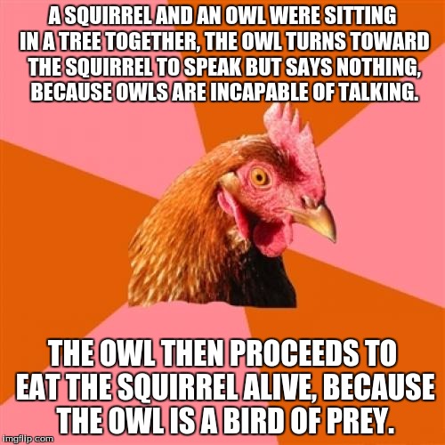 Anti Joke Chicken Meme | A SQUIRREL AND AN OWL WERE SITTING IN A TREE TOGETHER, THE OWL TURNS TOWARD THE SQUIRREL TO SPEAK BUT SAYS NOTHING, BECAUSE OWLS ARE INCAPABLE OF TALKING. THE OWL THEN PROCEEDS TO EAT THE SQUIRREL ALIVE, BECAUSE THE OWL IS A BIRD OF PREY. | image tagged in memes,anti joke chicken | made w/ Imgflip meme maker