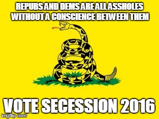 Gadsden Flag | REPUBS AND DEMS ARE ALL ASSHOLES WITHOUT A CONSCIENCE BETWEEN THEM; VOTE SECESSION 2016 | image tagged in memes | made w/ Imgflip meme maker