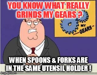 You know what really grinds my gears? | YOU KNOW WHAT REALLY GRINDS MY GEARS ? WHEN SPOONS & FORKS ARE IN THE SAME UTENSIL HOLDER ! | image tagged in you know what really grinds my gears | made w/ Imgflip meme maker