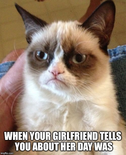 Grumpy Cat Meme | WHEN YOUR GIRLFRIEND TELLS YOU ABOUT HER DAY WAS | image tagged in memes,grumpy cat | made w/ Imgflip meme maker