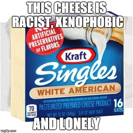 And will vote for Trump | THIS CHEESE IS RACIST, XENOPHOBIC; AND LONELY | image tagged in cheese,memes,racism | made w/ Imgflip meme maker
