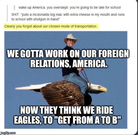 When You're Late For Work In 'Murica | WE GOTTA WORK ON OUR FOREIGN RELATIONS, AMERICA. NOW THEY THINK WE RIDE EAGLES, TO "GET FROM A TO B" | image tagged in memes,'murica,lmao,wtf,bald eagle | made w/ Imgflip meme maker
