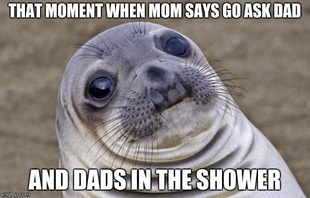 Awkward Moment Sealion Meme | THAT MOMENT WHEN MOM SAYS GO ASK DAD; AND DADS IN THE SHOWER | image tagged in memes,awkward moment sealion | made w/ Imgflip meme maker