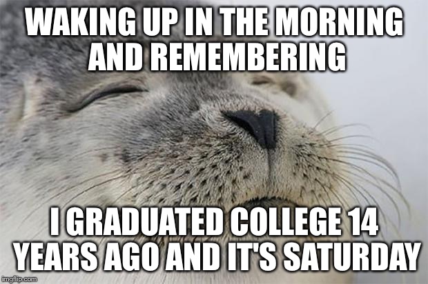 Satisfied Seal | WAKING UP IN THE MORNING AND REMEMBERING; I GRADUATED COLLEGE 14 YEARS AGO AND IT'S SATURDAY | image tagged in memes,satisfied seal,AdviceAnimals | made w/ Imgflip meme maker