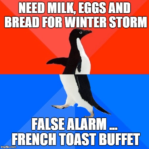 Socially Awesome Awkward Penguin Meme | NEED MILK, EGGS AND BREAD FOR WINTER STORM; FALSE ALARM ... FRENCH TOAST BUFFET | image tagged in memes,socially awesome awkward penguin | made w/ Imgflip meme maker