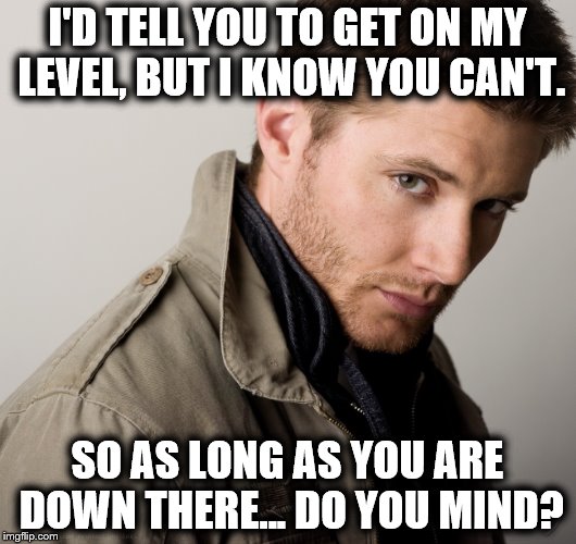 Smartass | I'D TELL YOU TO GET ON MY LEVEL, BUT I KNOW YOU CAN'T. SO AS LONG AS YOU ARE DOWN THERE... DO YOU MIND? | image tagged in smartass,dean winchester | made w/ Imgflip meme maker