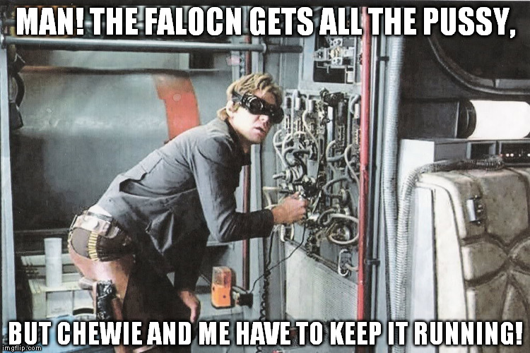 Star Wars Han Huh? | MAN! THE FALOCN GETS ALL THE PUSSY, BUT CHEWIE AND ME HAVE TO KEEP IT RUNNING! | image tagged in star wars han huh | made w/ Imgflip meme maker