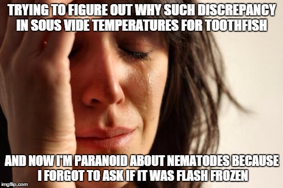 First World Problems Meme | TRYING TO FIGURE OUT WHY SUCH DISCREPANCY IN SOUS VIDE TEMPERATURES FOR TOOTHFISH; AND NOW I'M PARANOID ABOUT NEMATODES BECAUSE I FORGOT TO ASK IF IT WAS FLASH FROZEN | image tagged in memes,first world problems | made w/ Imgflip meme maker