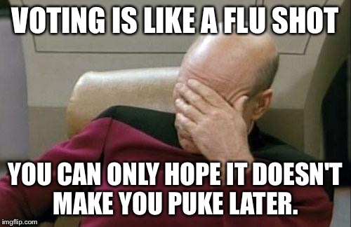 Captain Picard Facepalm Meme | VOTING IS LIKE A FLU SHOT; YOU CAN ONLY HOPE IT DOESN'T MAKE YOU PUKE LATER. | image tagged in memes,captain picard facepalm | made w/ Imgflip meme maker