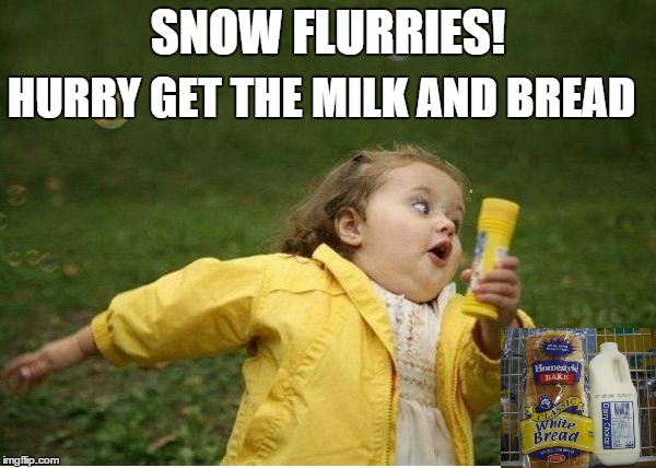 Milk & Bread  | HURRY GET THE MILK AND BREAD; SNOW FLURRIES! | image tagged in memes,chubby bubbles girl | made w/ Imgflip meme maker