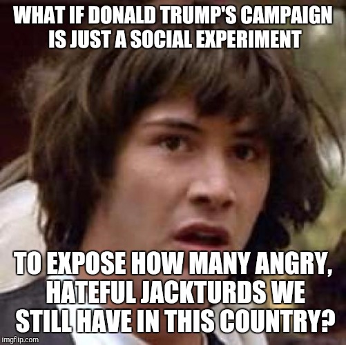 Jackturds®. I'm officially coining the term. | WHAT IF DONALD TRUMP'S CAMPAIGN IS JUST A SOCIAL EXPERIMENT; TO EXPOSE HOW MANY ANGRY, HATEFUL JACKTURDS WE STILL HAVE IN THIS COUNTRY? | image tagged in memes,conspiracy keanu,donald trump,trump | made w/ Imgflip meme maker