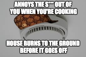 Smoke Alarm Problems | ANNOYS THE S*** OUT OF YOU WHEN YOU'RE COOKING; HOUSE BURNS TO THE GROUND BEFORE IT GOES OFF | image tagged in scumbag,smoke alarm,cooking,fire,annoying | made w/ Imgflip meme maker