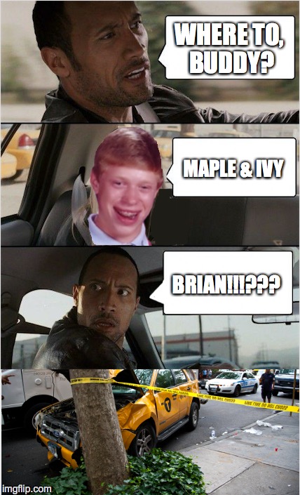 Not Again! | WHERE TO, BUDDY? MAPLE & IVY; BRIAN!!!??? | image tagged in bad luck brian,the rock driving | made w/ Imgflip meme maker