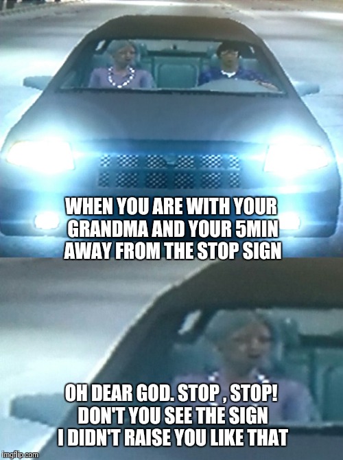 Driving with Grandma | WHEN YOU ARE WITH YOUR GRANDMA AND YOUR 5MIN AWAY FROM THE STOP SIGN; OH DEAR GOD. STOP , STOP! DON'T YOU SEE THE SIGN I DIDN'T RAISE YOU LIKE THAT | image tagged in funny | made w/ Imgflip meme maker