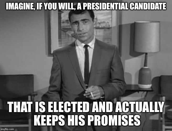 Democrat...Republican...whatever, they all lie | IMAGINE, IF YOU WILL, A PRESIDENTIAL CANDIDATE; THAT IS ELECTED AND ACTUALLY KEEPS HIS PROMISES | image tagged in rod serling imagine if you will | made w/ Imgflip meme maker